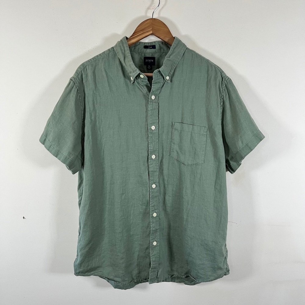 J. Crew Linen Cotton Blend Sage Green Short Sleeve Button Down Shirt Slim Fit XL